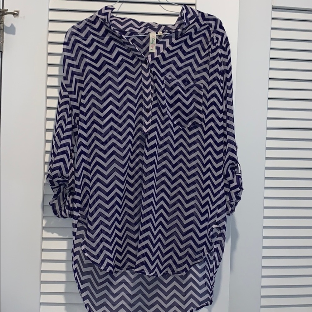 Candy Rose sheer royal blue & white chevron blouse